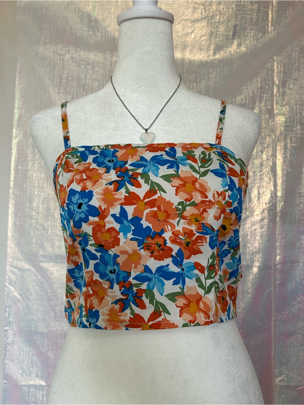 Summer Floral Spaghetti-Strap Crop Top in Blue & Orange. See Measurements.